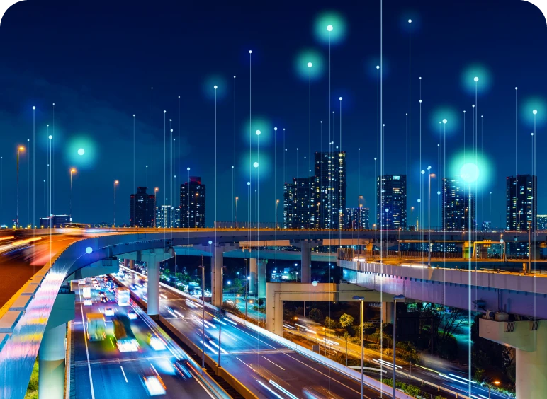 Futuristic cityscape with glowing lights